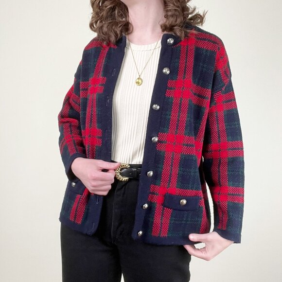 Vintage Scottish Wool Plaid Cardigan Sweater Oversized Tartan Holiday Christmas - Picture 1 of 9
